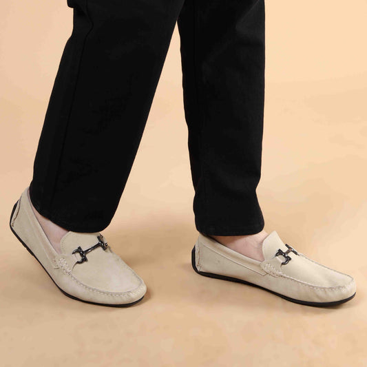 MORRIS ORIS Suede Leather Beige Loafers Shoes in Beige