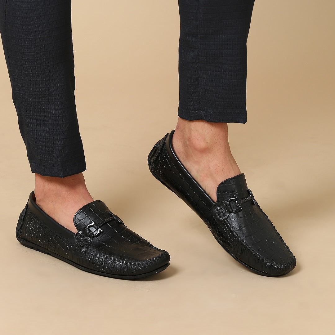 MORRIS ORIS Croco Buckle Black Leather Loafers in Black